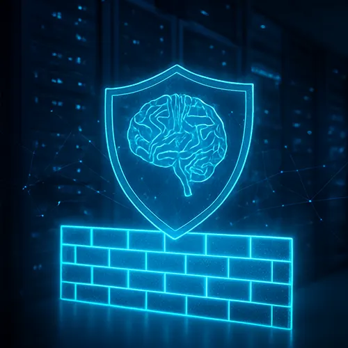 AI-powered firewall concept with a glowing digital shield featuring a brain design, symbolizing artificial intelligence in network defense, set against a data center background.