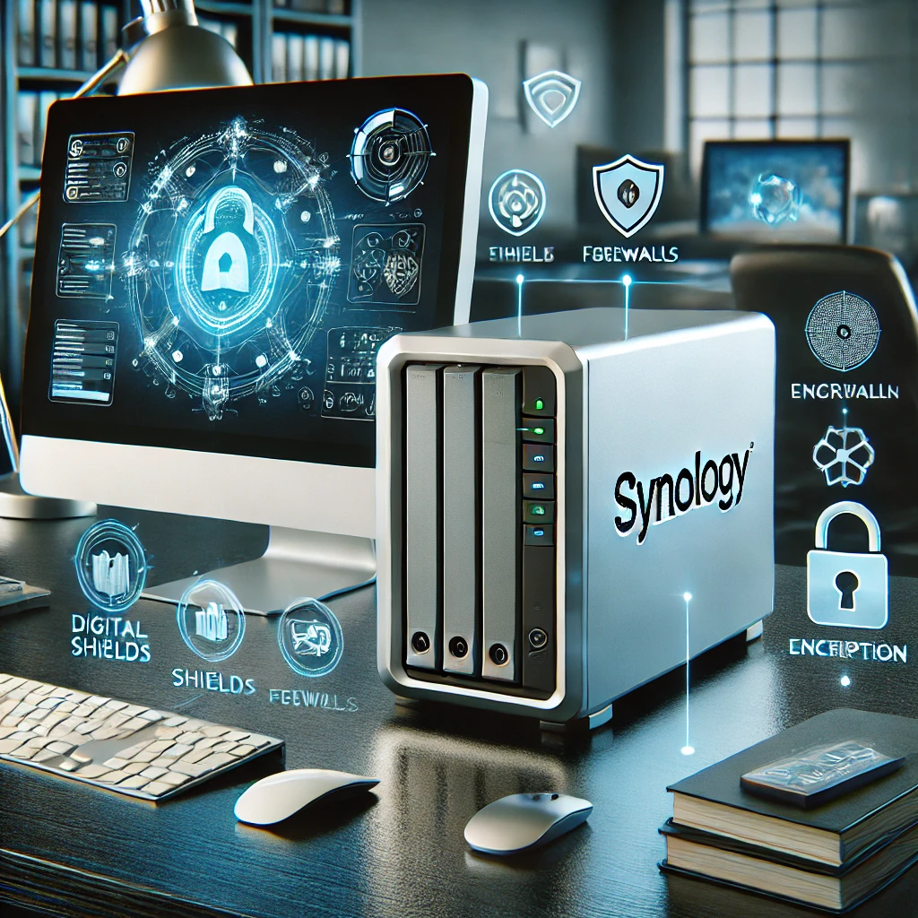 Best Synology NAS Security. It shows a Synology NAS device in a modern office setting, emphasizing cybersecurity features.