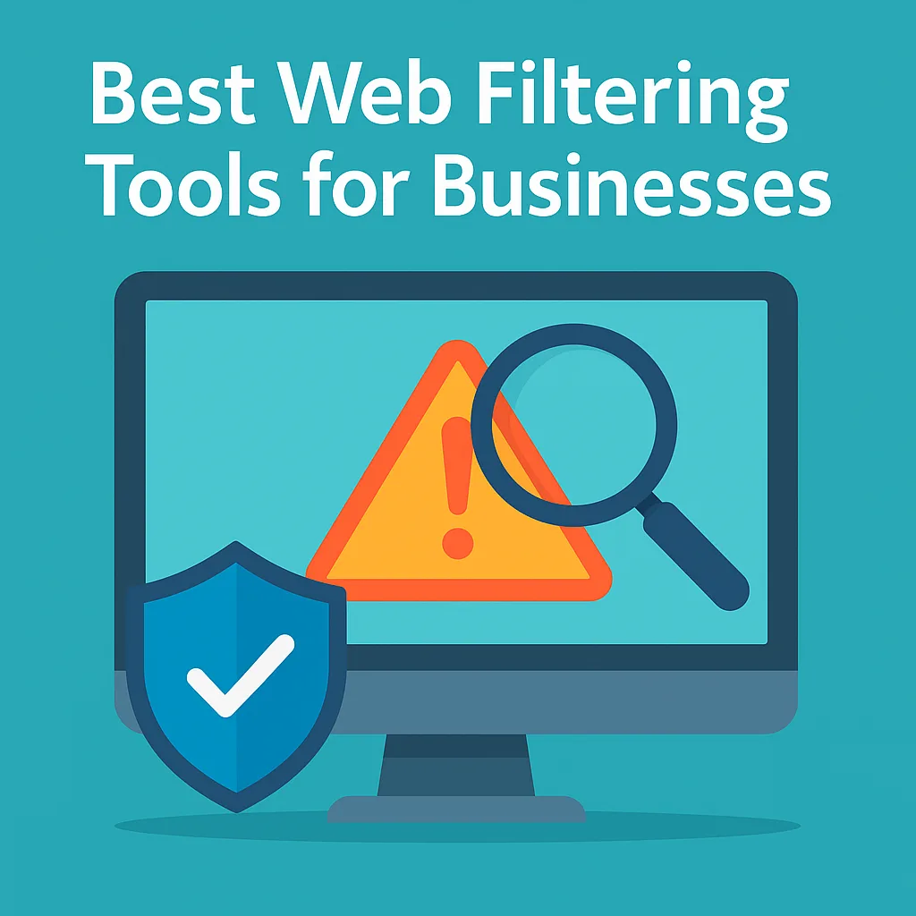 Illustration of a computer monitor displaying a warning sign with a magnifying glass and a security shield, representing web filtering tools for businesses