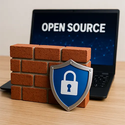 A realistic setup representing best open source firewall security, featuring a brick wall, a laptop displaying 'open source', and a shield with a padlock icon on a wooden desk