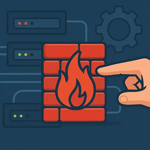 Firewall Misconfigurations concept illustration showing a red brick firewall with flame icon, network devices, a gear symbol, and a pointing hand on a dark blue background