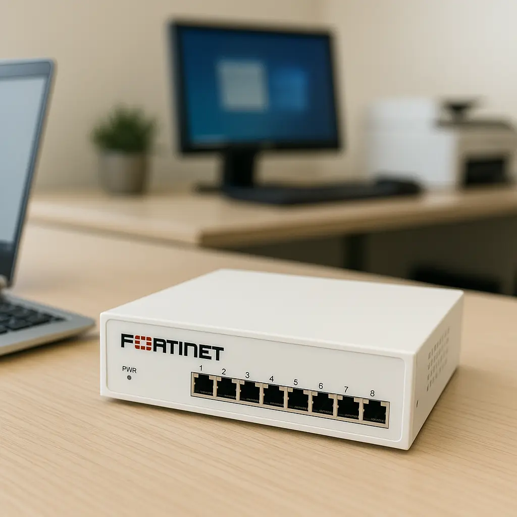 Fortinet small business firewall device placed on a desk in a modern small office environment, next to a laptop and monitor, illustrating network security for small businesses.