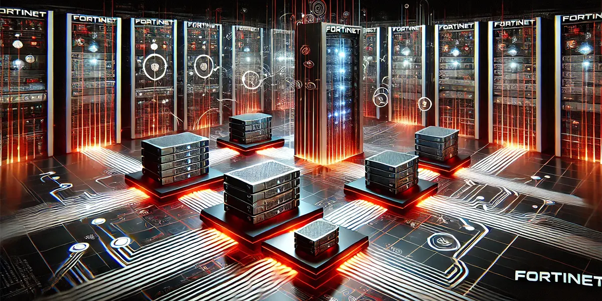 An illustrative depiction of Fortinet Firewall Types, showcasing interconnected firewalls of various sizes within a futuristic, secure network environment. The image features glowing pathways symbolizing data flow, with abstract digital patterns and a modern data center backdrop. The design emphasizes cybersecurity, scalability, and Fortinet's branding with red, black, and white tones