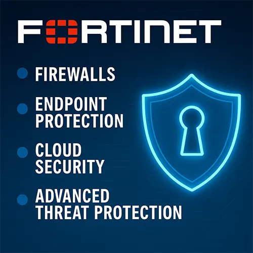 Digital graphic showcasing key Fortinet security features on a dark blue tech background. The Fortinet logo appears at the top, followed by a list of features: Firewalls, Endpoint Protection, Cloud Security, and Advanced Threat Protection. A glowing shield with a keyhole icon is displayed on the right side