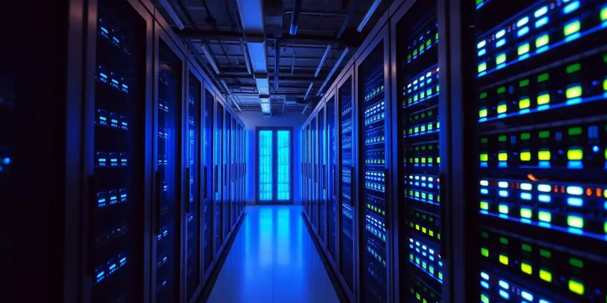 photograph of modern cloud storage servers with blue lights