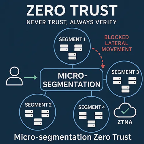 Micro-segmentation Zero Trust diagram showing blocked lateral movement and ZTNA integration in a Zero Trust architecture