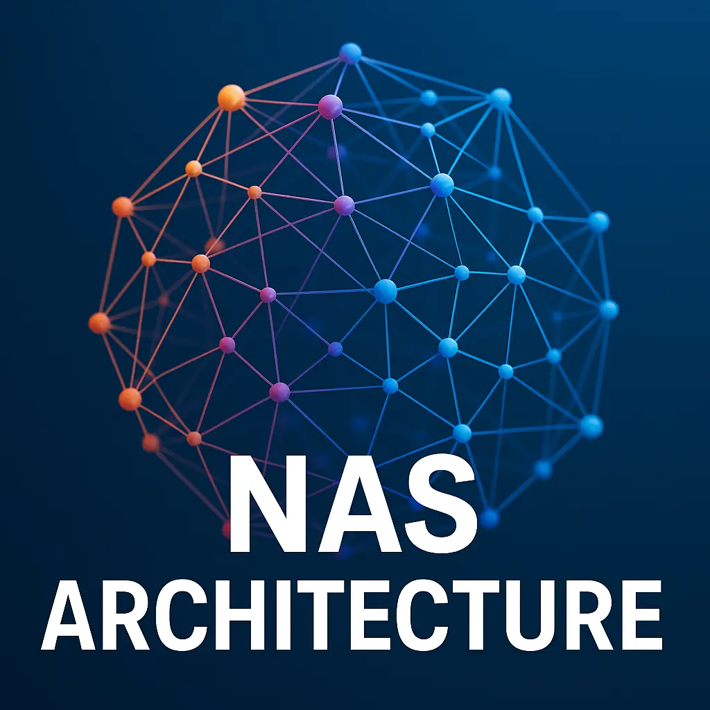 3D digital illustration showing a glowing network sphere of connected nodes in blue, purple, and orange gradients on a dark blue background, with bold white text reading ‘NAS ARCHITECTURE’ underneath — representing modern network attached storage design
