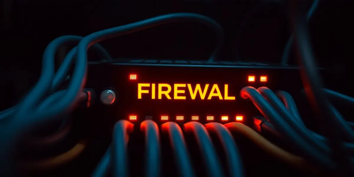 close-up of a firewall device with glowing lights