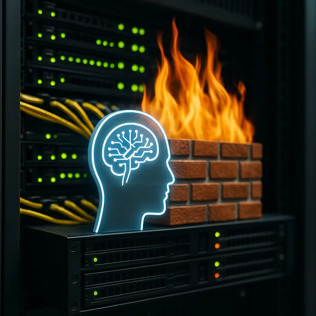 ai-driven adaptive firewalls concept illustrated by a glowing neural network head in front of a burning brick firewall, set within a data center environment with network servers and cables