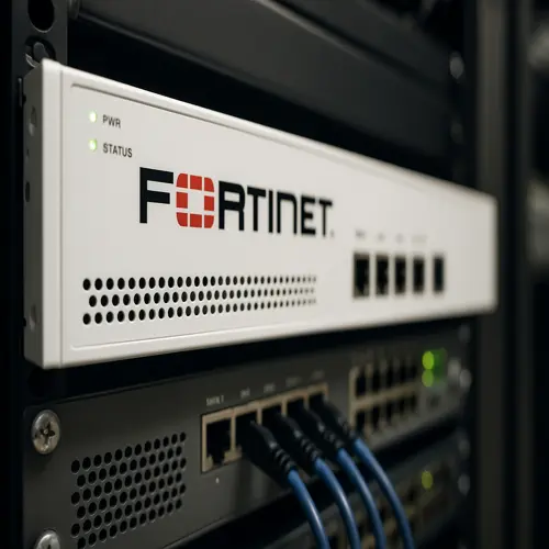 Close-up image of the best Fortinet firewalls for enterprise environments, mounted in a data center rack with connected Ethernet cables